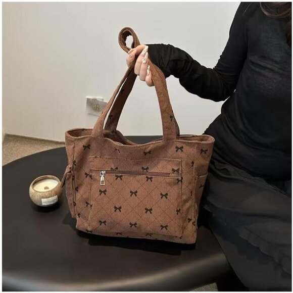 Corduroy Tote Bag for Women Large Shoulder Bag with Zipper Stylish and Practical - Picture 4 of 7